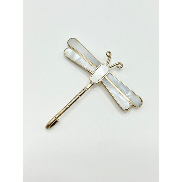 Vintage Alpaca Silver Mexico Dragonfly Insect Pin Brooch Mother of Pearl Inlay - Picture 2 of 10